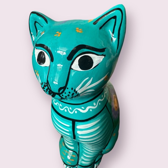 Vintage Hand Painted Ceramic Mexican Folk Art Talavera Cat Figurine With Flowers - Picture 3 of 14